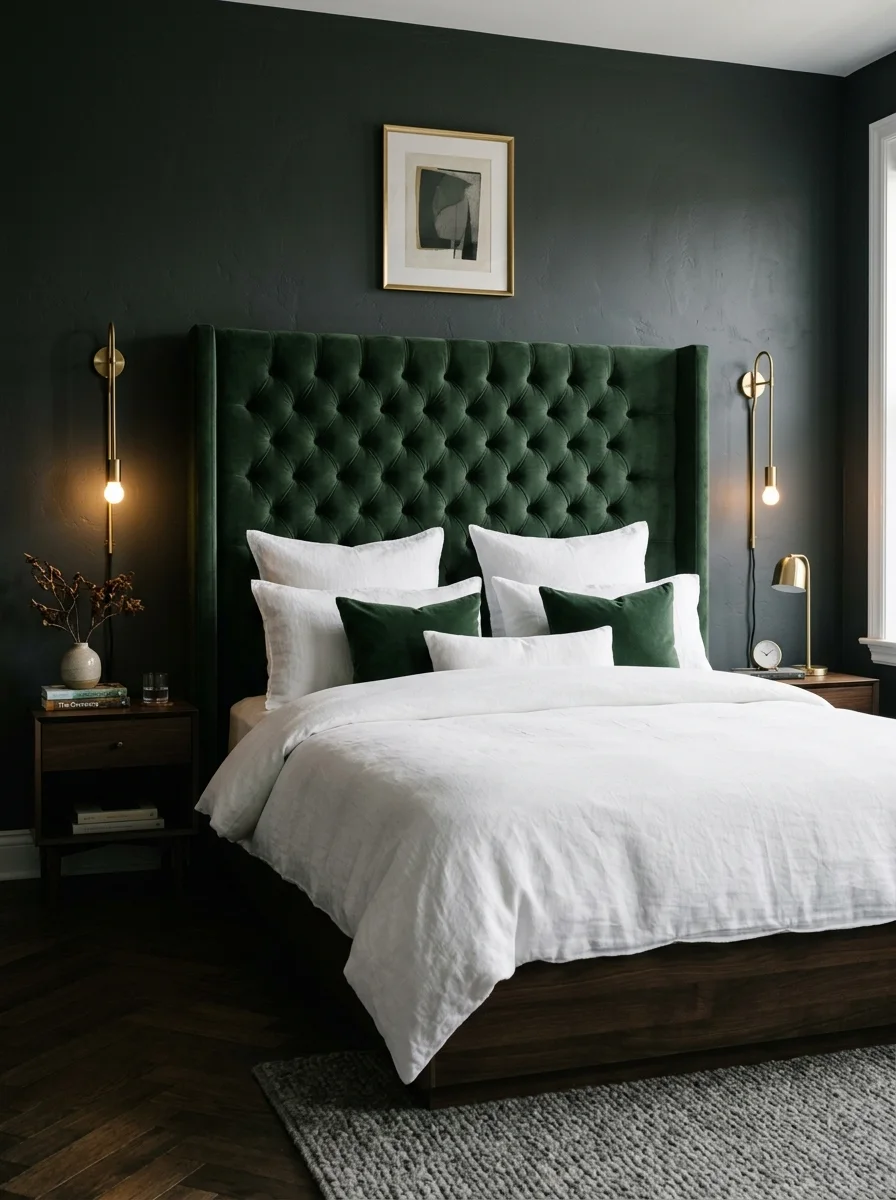17 Dark Elegant Bedroom Ideas That Feel Cozy, Not Heavy 2 Forest green velvet tufted headboard against dark charcoal wall with white bedding and brass sconces in elegant dark bedroom