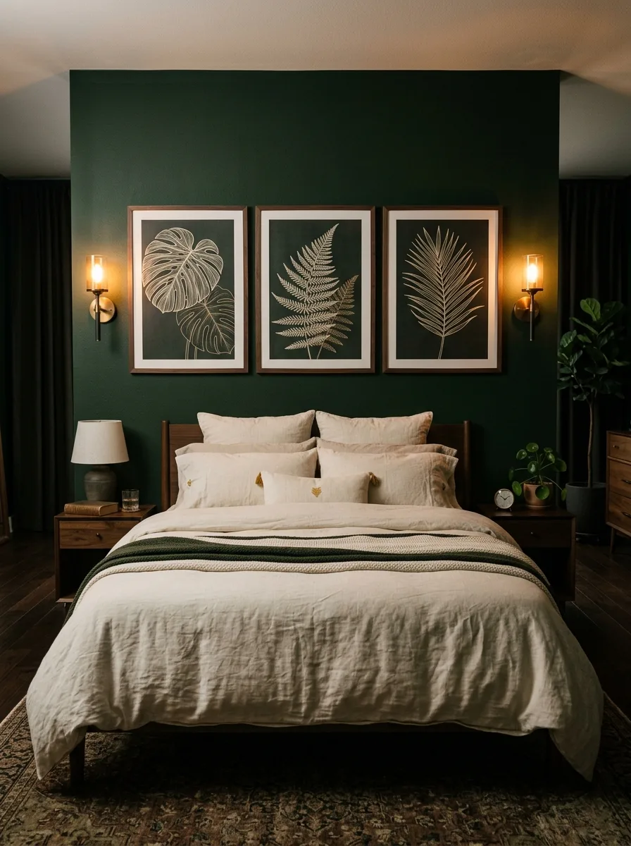 17 Dark Elegant Bedroom Ideas That Feel Cozy, Not Heavy 15 Three large framed botanical leaf prints in dark wood frames arranged above bed on forest green dark bedroom wall with cream bedding
