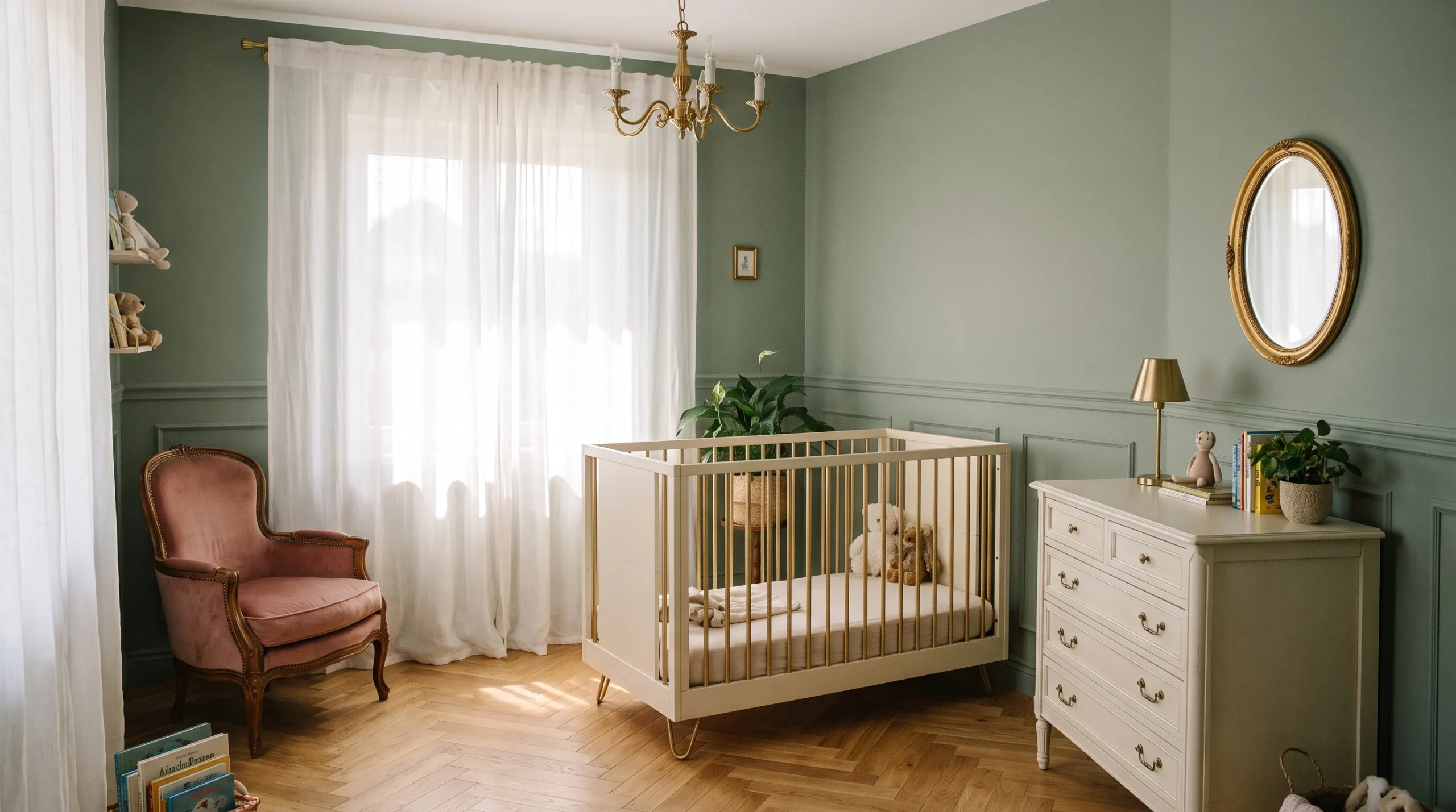 Soft ivory nursery with gold accents, velvet armchair, and wainscoting — French-Inspired Nursery Ideas
