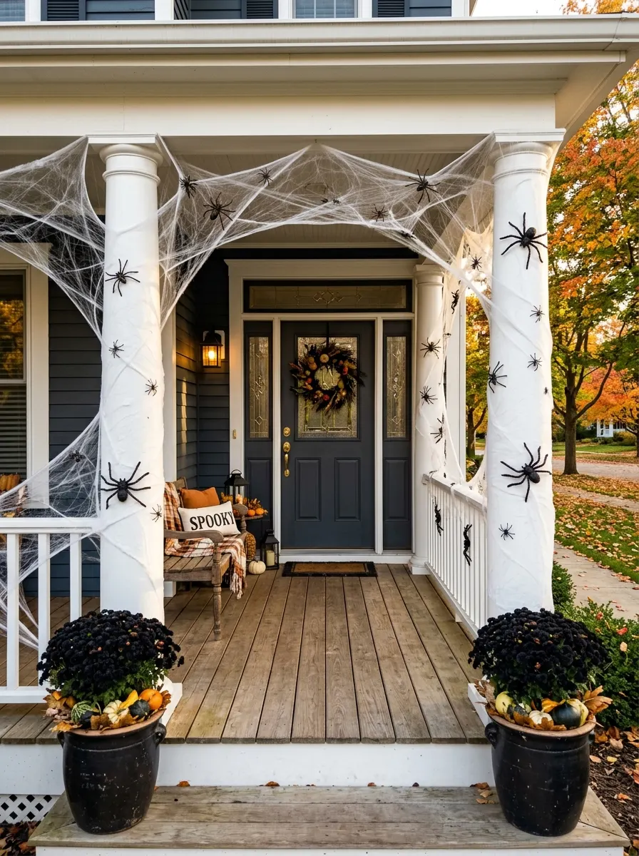 Front porch featuring oversized spider webs, decorative spiders, black mums, and seasonal entryway accents.