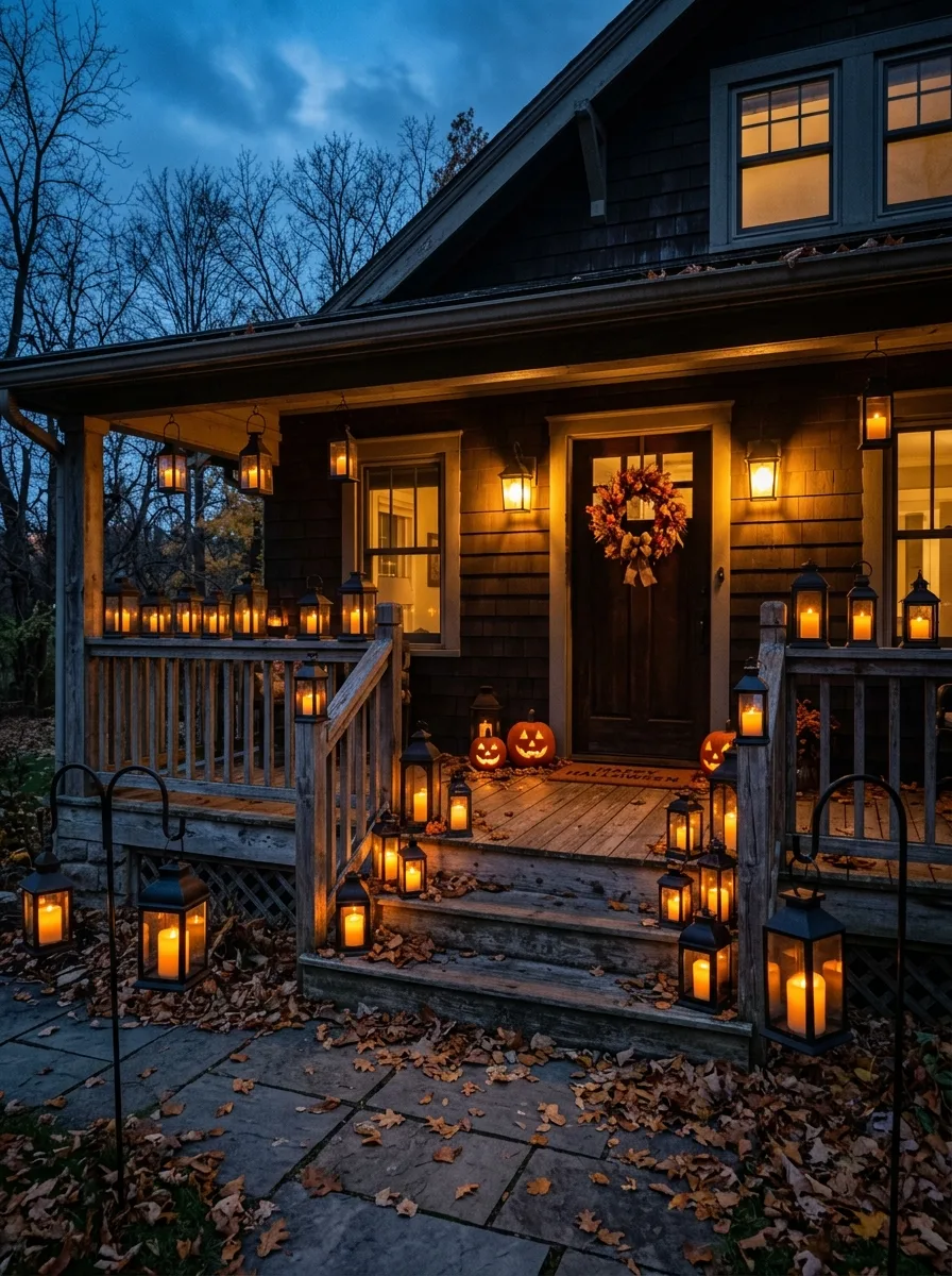 Cozy front porch decorated with lanterns, glowing candles, pumpkins, wreath, and warm evening lighting.
