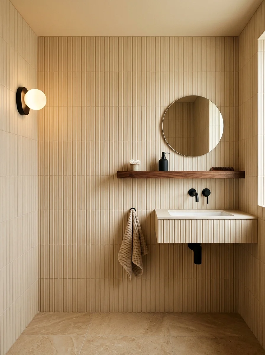 Vertical beige fluted tile walls with walnut shelf and matte black faucet in a brown beige bathroom modern design