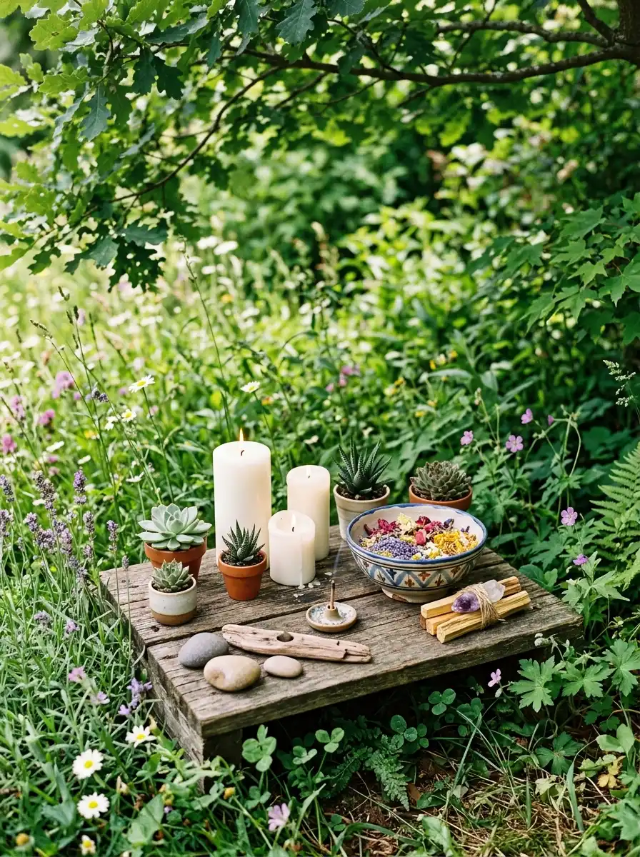 Small outdoor garden altar with candles succulent stones and dried herbs creating a spiritual ritual space in a bohemian garden