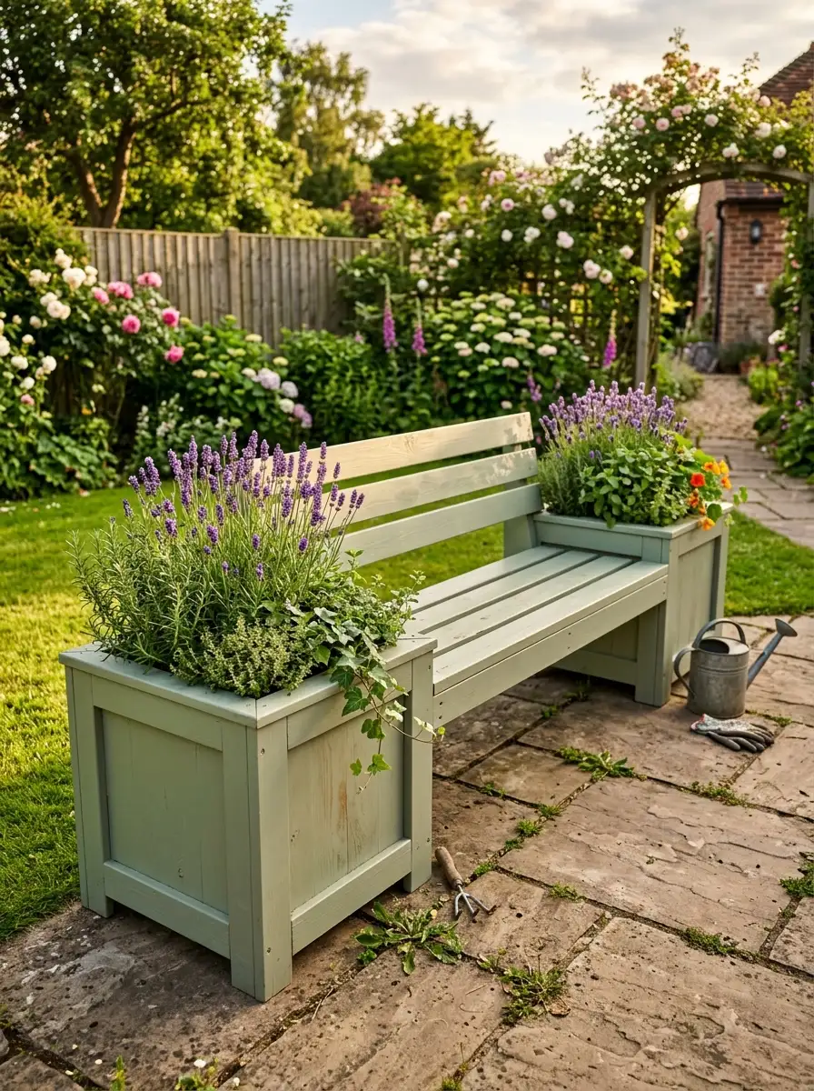 Outdoor wooden bench with integrated planter boxes filled with lavender and flowers on a stone garden patio.