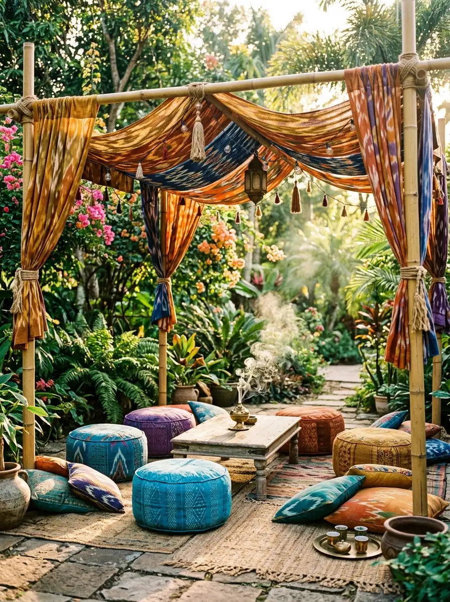 Colorful ikat fabric canopy draped over bamboo poles with floor cushions and poufs creating hippie garden ideas outdoor shelter
