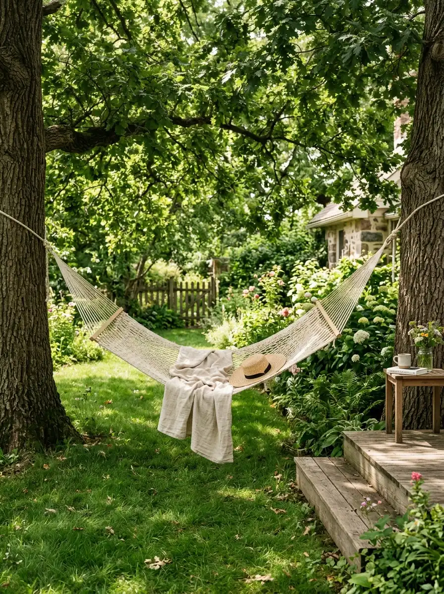 Woven hammock suspended between large trees in a lush garden surrounded by greenery, flowers, and natural textures.