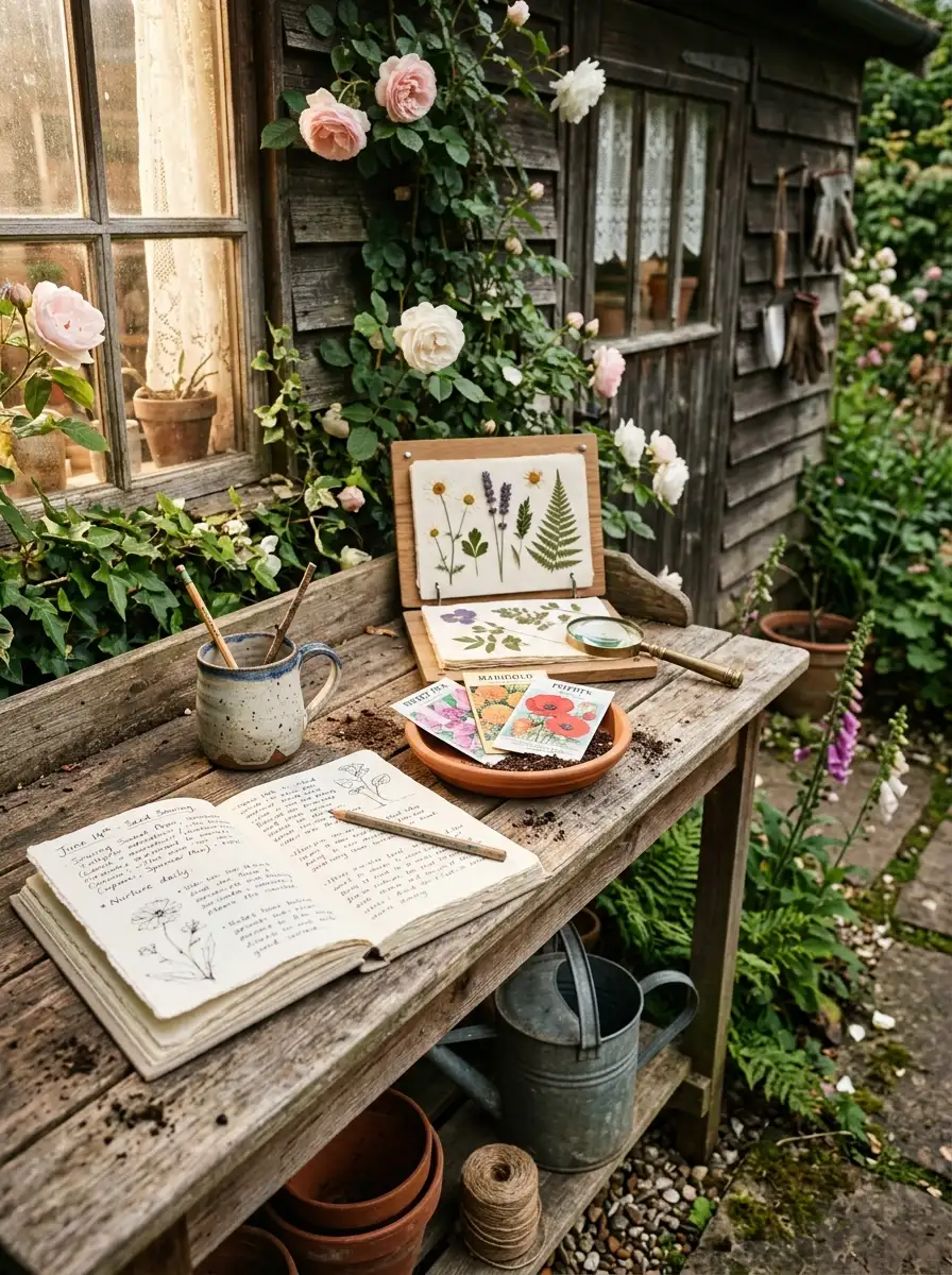 Wooden garden potting bench with open journal seed packets and dried flowers creating a personal creative nook in a bohemian outdoor garden