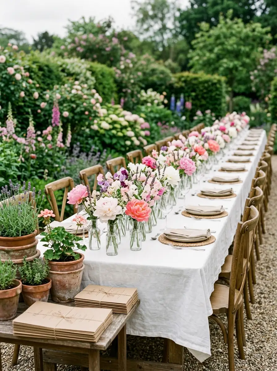 A garden party flower bar ideas table with peonies and sweet peas arranged in glass bud vases on white linen