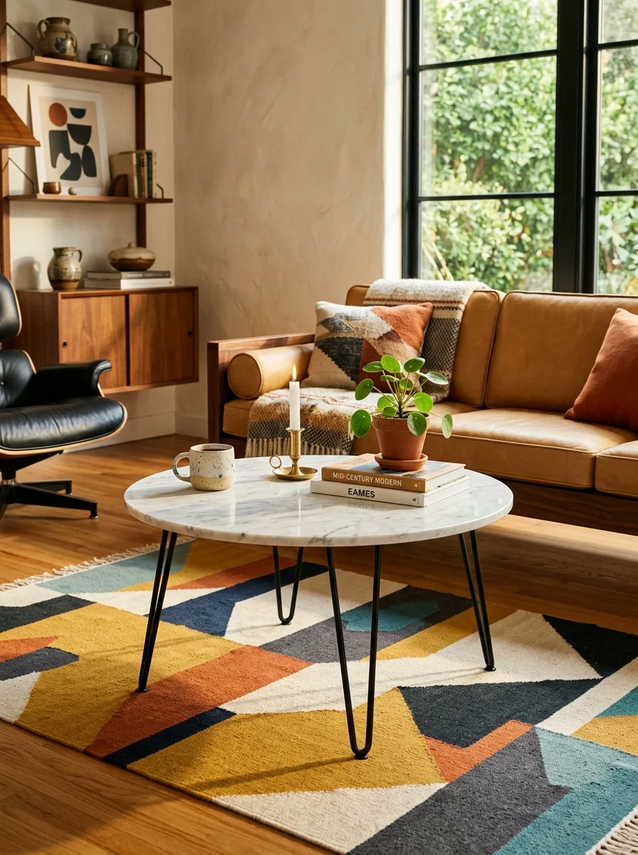 Marble coffee table on hairpin legs over geometric rug beside leather sofa and mid-century lounge chair.