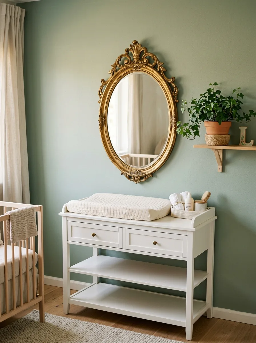 14 French-Inspired Nursery Ideas That Never Feel Outdated 10 Antique gold oval mirror above white changing table on sage wall in a French-inspired nursery room