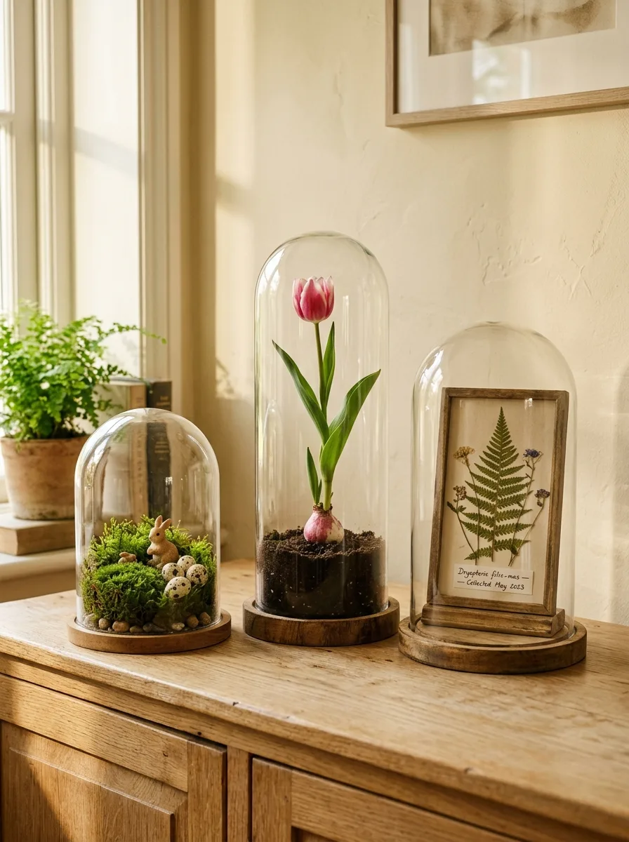 Wood sideboard featuring glass cloches with moss, miniature rabbit, tulip bulb and framed botanical artwork.