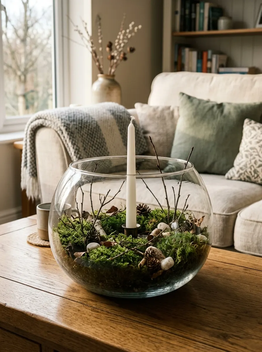 Round glass terrarium filled with moss, branches, pinecones, and a single taper candle on a coffee table.