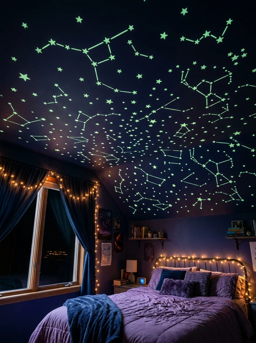 Teen bedroom ceiling covered in glow-in-the-dark constellation star stickers above a purple bed in dim cozy lighting
