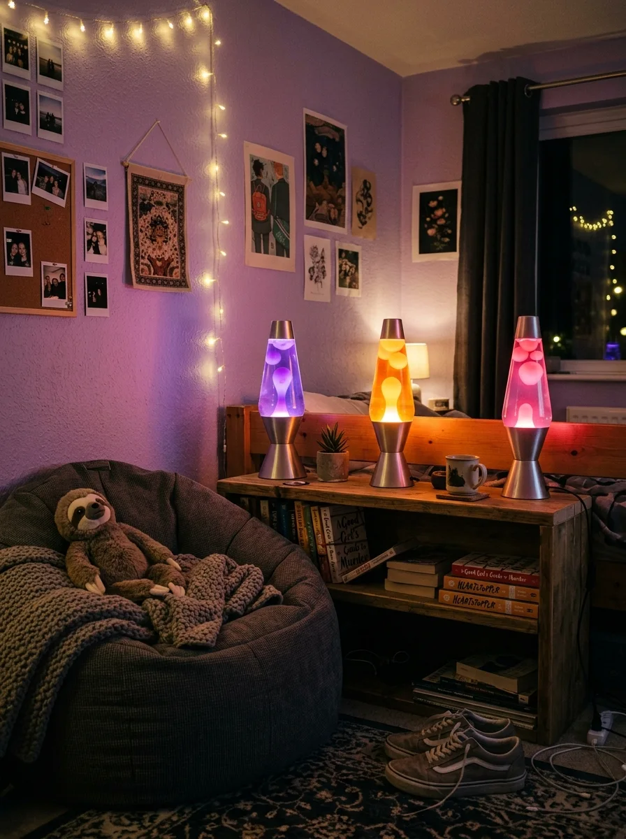 Teen bedroom corner with glowing pink orange and purple lava lamps on a wooden shelf in dim cozy lighting