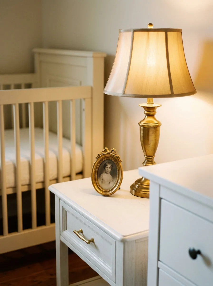 14 French-Inspired Nursery Ideas That Never Feel Outdated 2 Gold lamp, gilded frame, and gold-handled dresser in a soft French-inspired nursery room