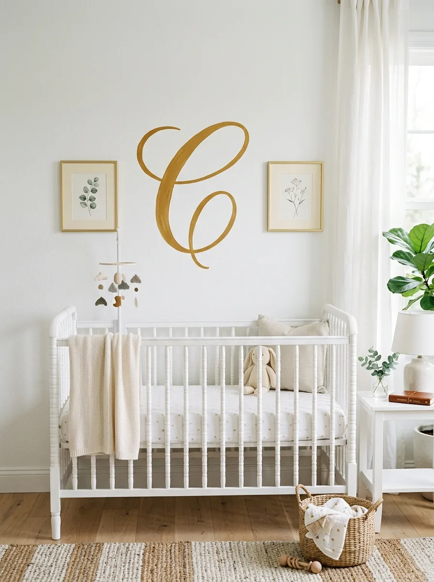 14 French-Inspired Nursery Ideas That Never Feel Outdated 12 Script monogram letter in gold above white crib with botanical prints in a French-style nursery room