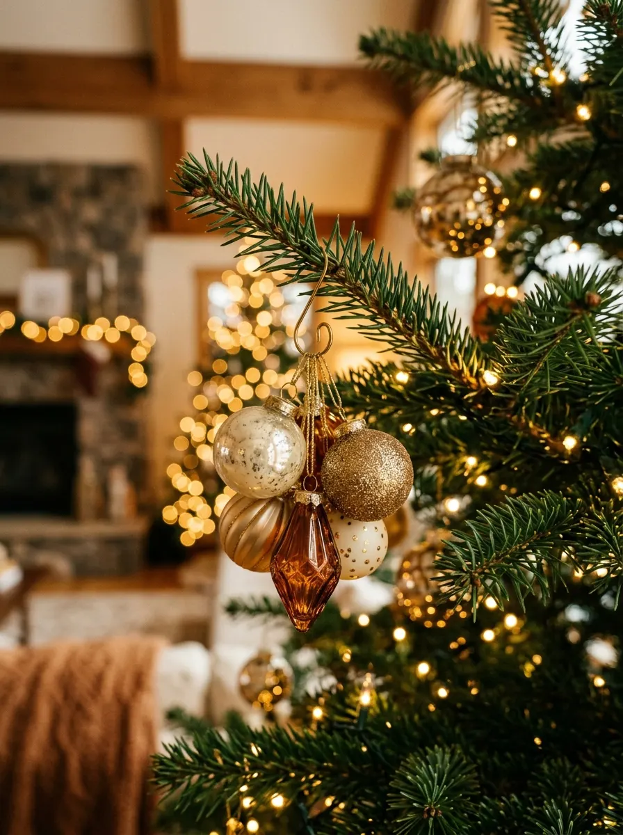 Close-up of gold and amber ornaments hanging from a Christmas tree branch with warm twinkle lights in the background.