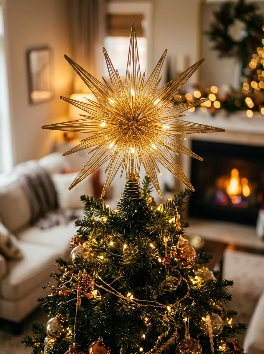 Decorative gold starburst tree topper illuminated by warm lights above a beautifully decorated Christmas tree.