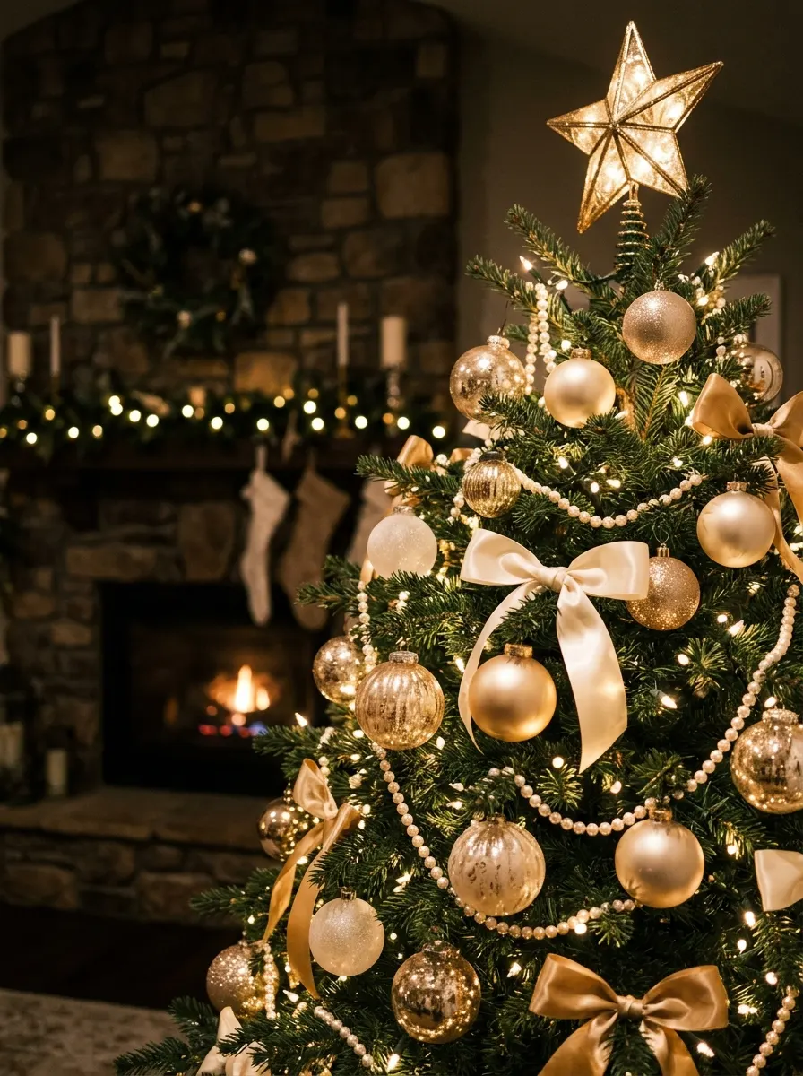 Christmas tree featuring gold baubles, cream ribbon bows, pearl garlands, and warm lights near a stone fireplace.