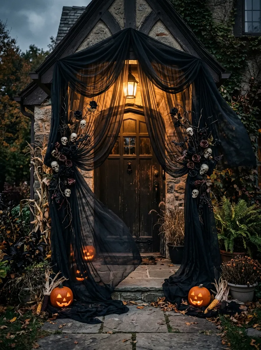 Front door framed with flowing black fabric, skull floral arrangements, pumpkins, and dramatic Halloween styling.
