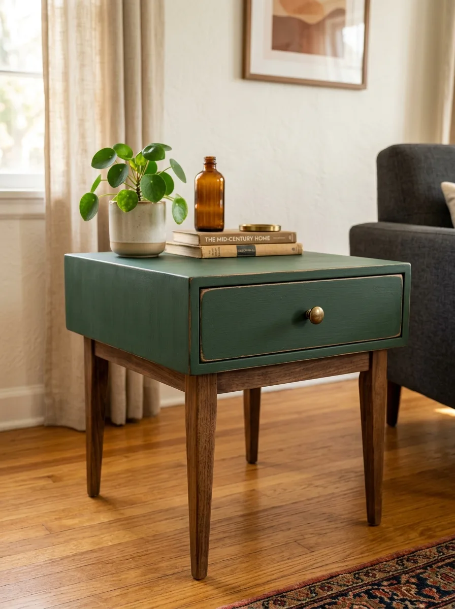 Painted green side table with brass knob and wooden legs, styled with books, a plant, and decorative bottle.