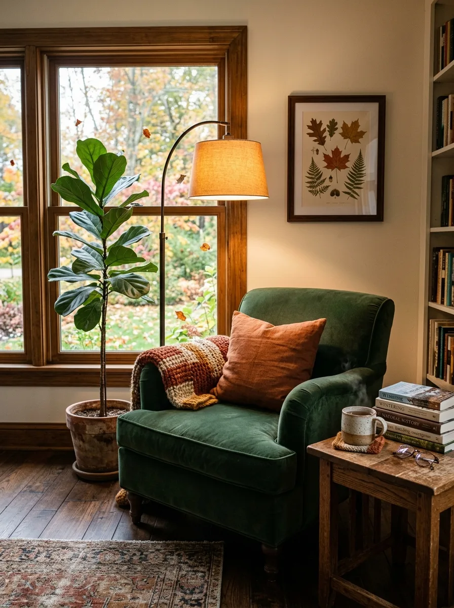 Velvet armchair beside a large window with books, side table, floor lamp, throw blanket, and indoor tree.