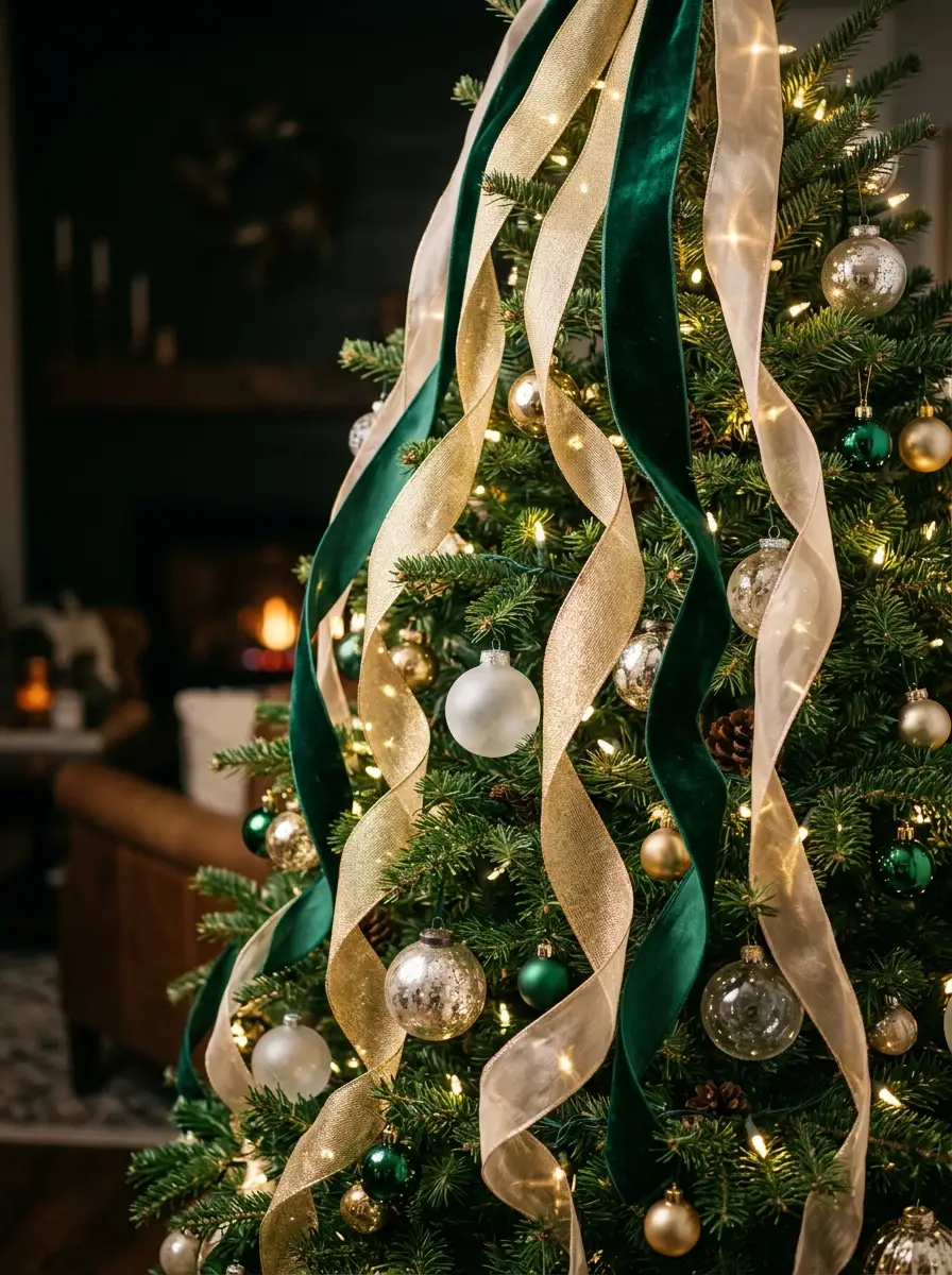 Close-up of a Christmas tree decorated with green velvet ribbon, gold mesh garland, and metallic ornaments.