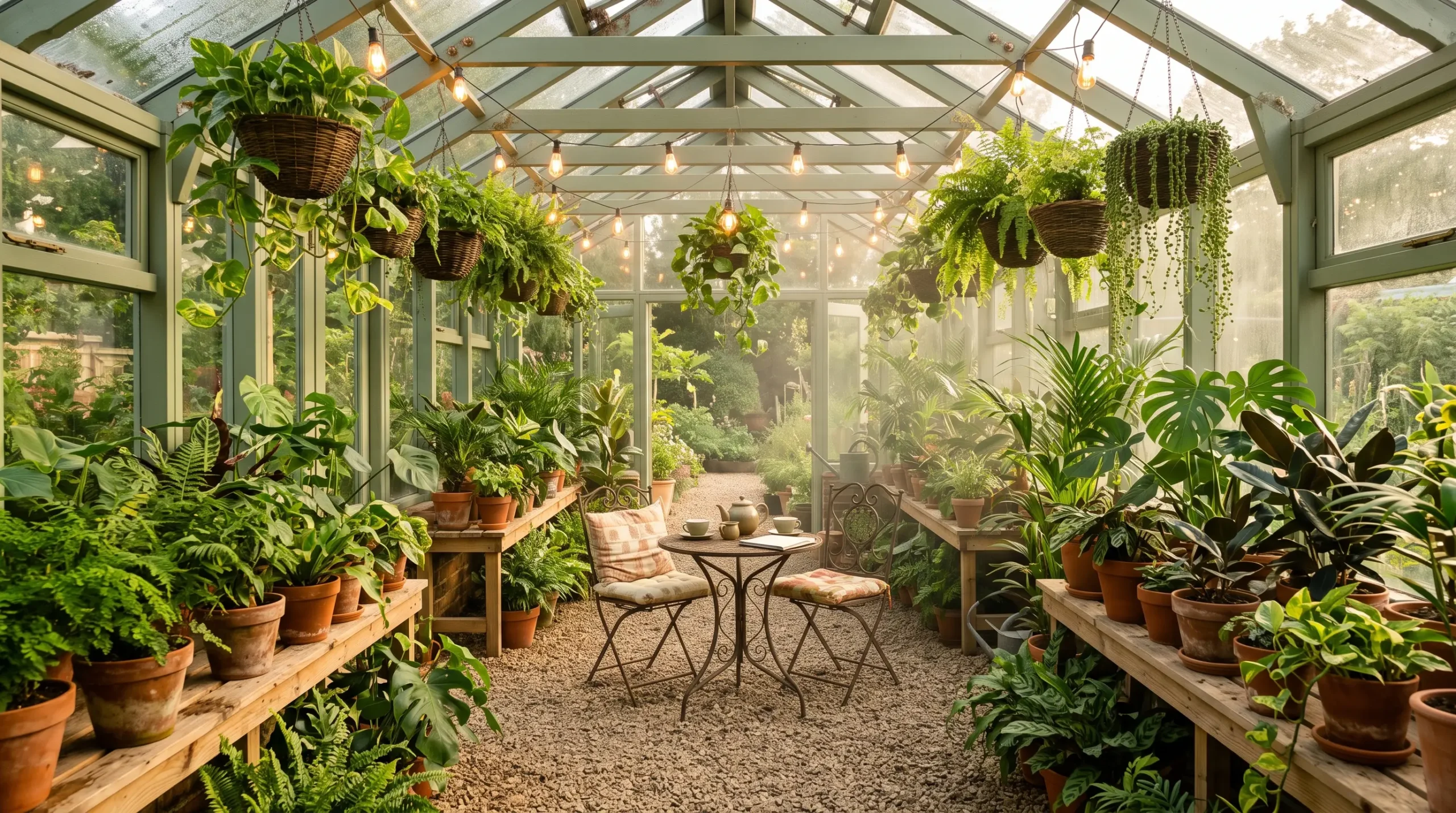 A bright airy greenhouse layout ideas space with lush plants, wood benches, string lights, and cozy seating inside