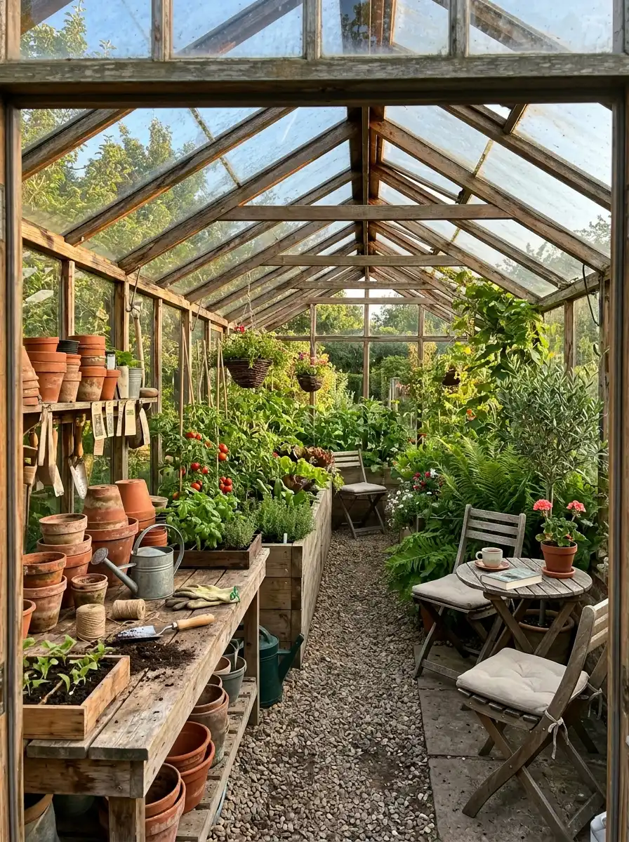Greenhouse layout ideas showing three distinct zones including potting bench, growing beds, and relaxation corner inside a glass structure