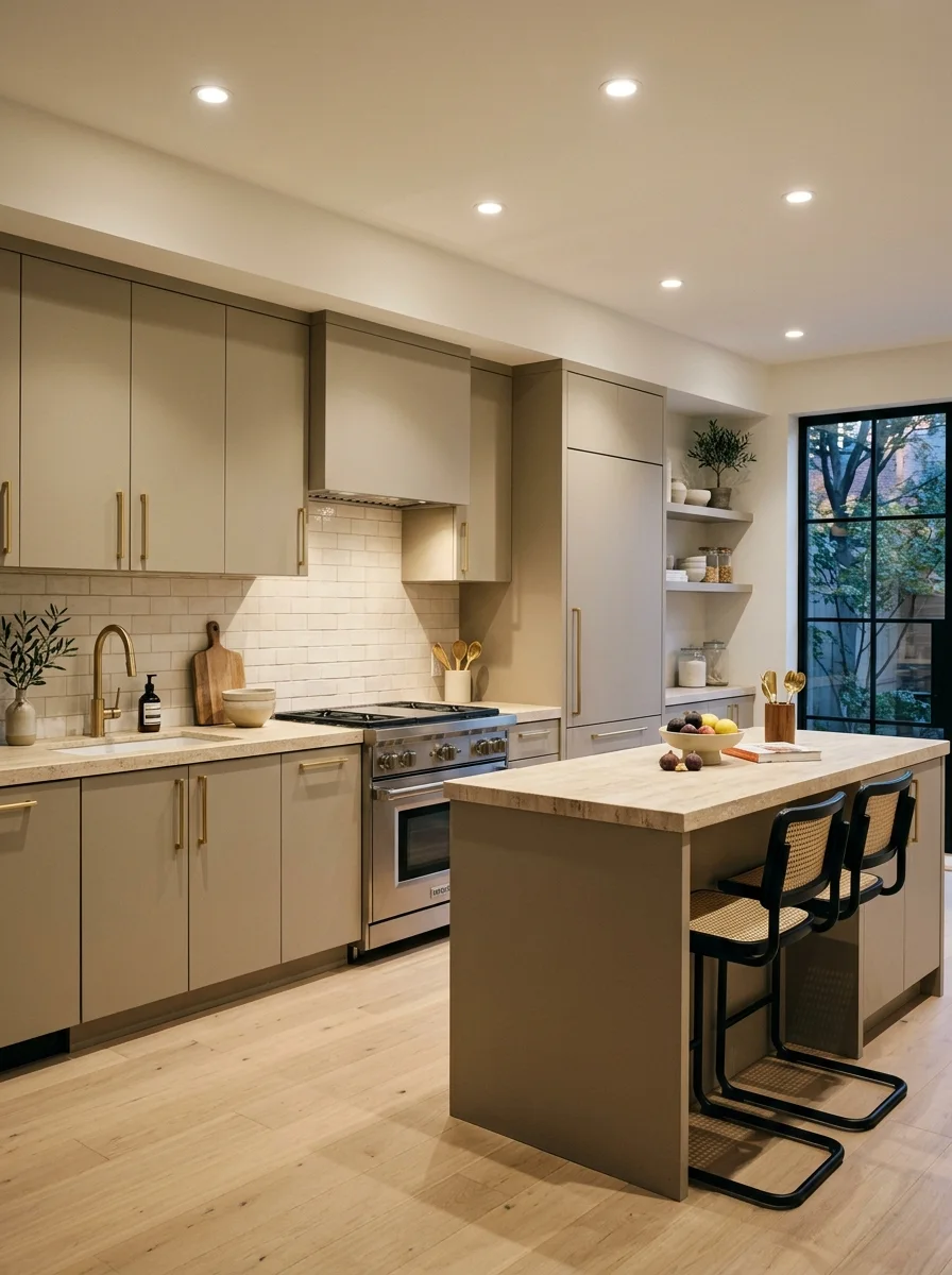 Greige flat front cabinets with honed travertine counters a warm neutral kitchen palette