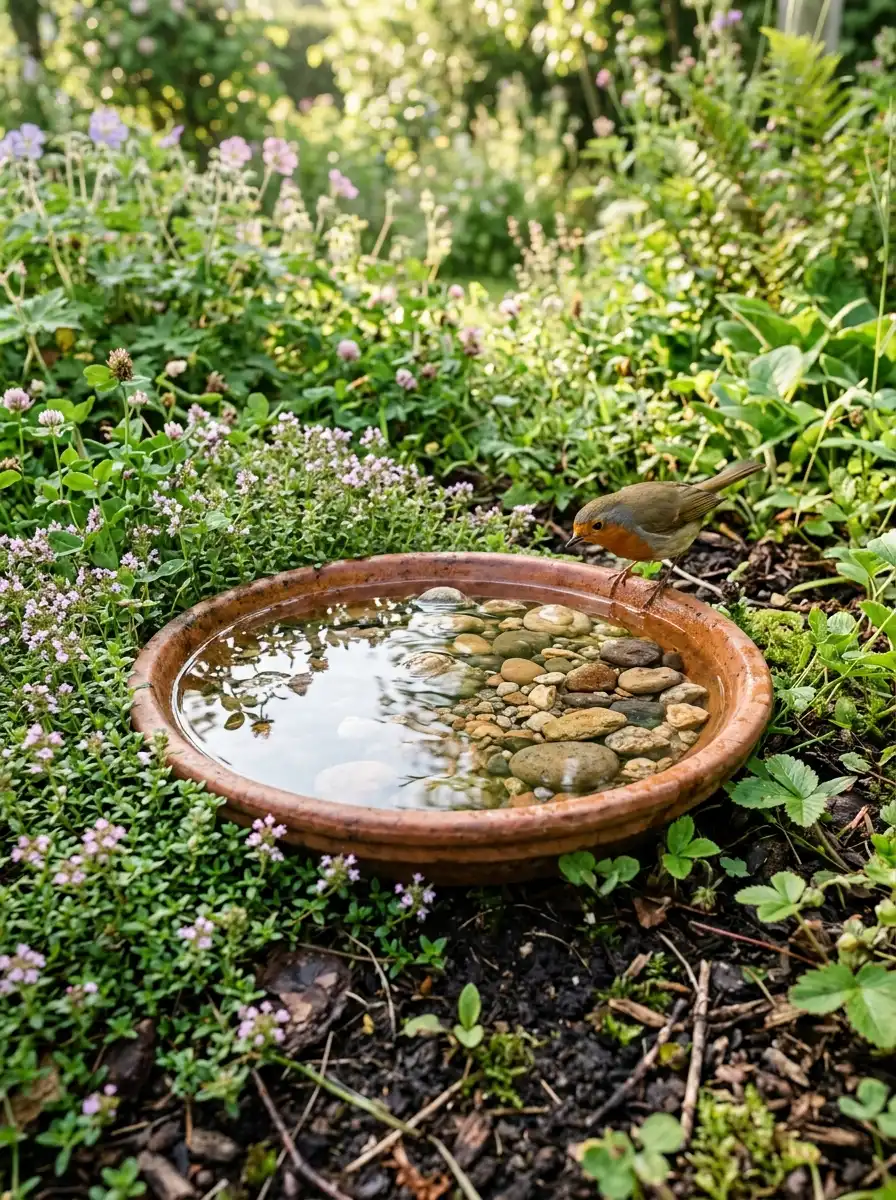 Shallow terracotta dish bird bath at ground level with river pebbles surrounded by creeping thyme in a natural garden
