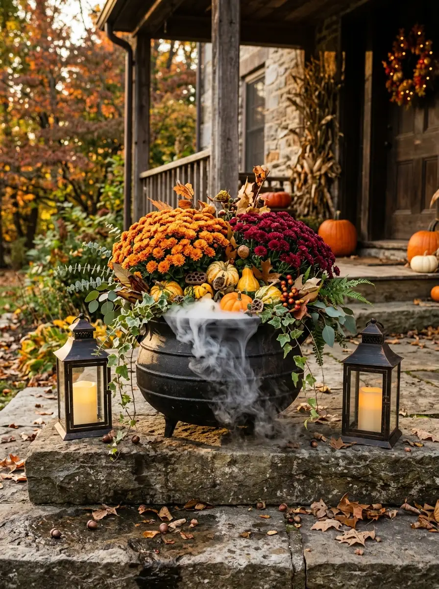 Black cauldron planter filled with chrysanthemums, gourds, greenery, and decorative fog beside lanterns on stone steps.