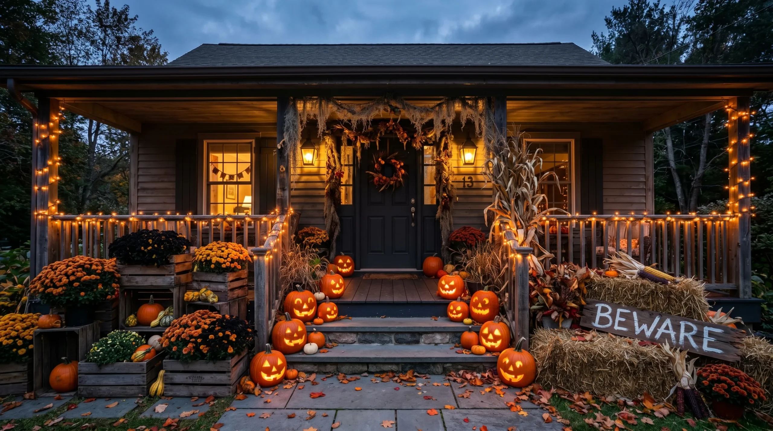 Rustic front porch decorated with carved pumpkins, mums, hay bales, corn stalks, and warm string lights at dusk.