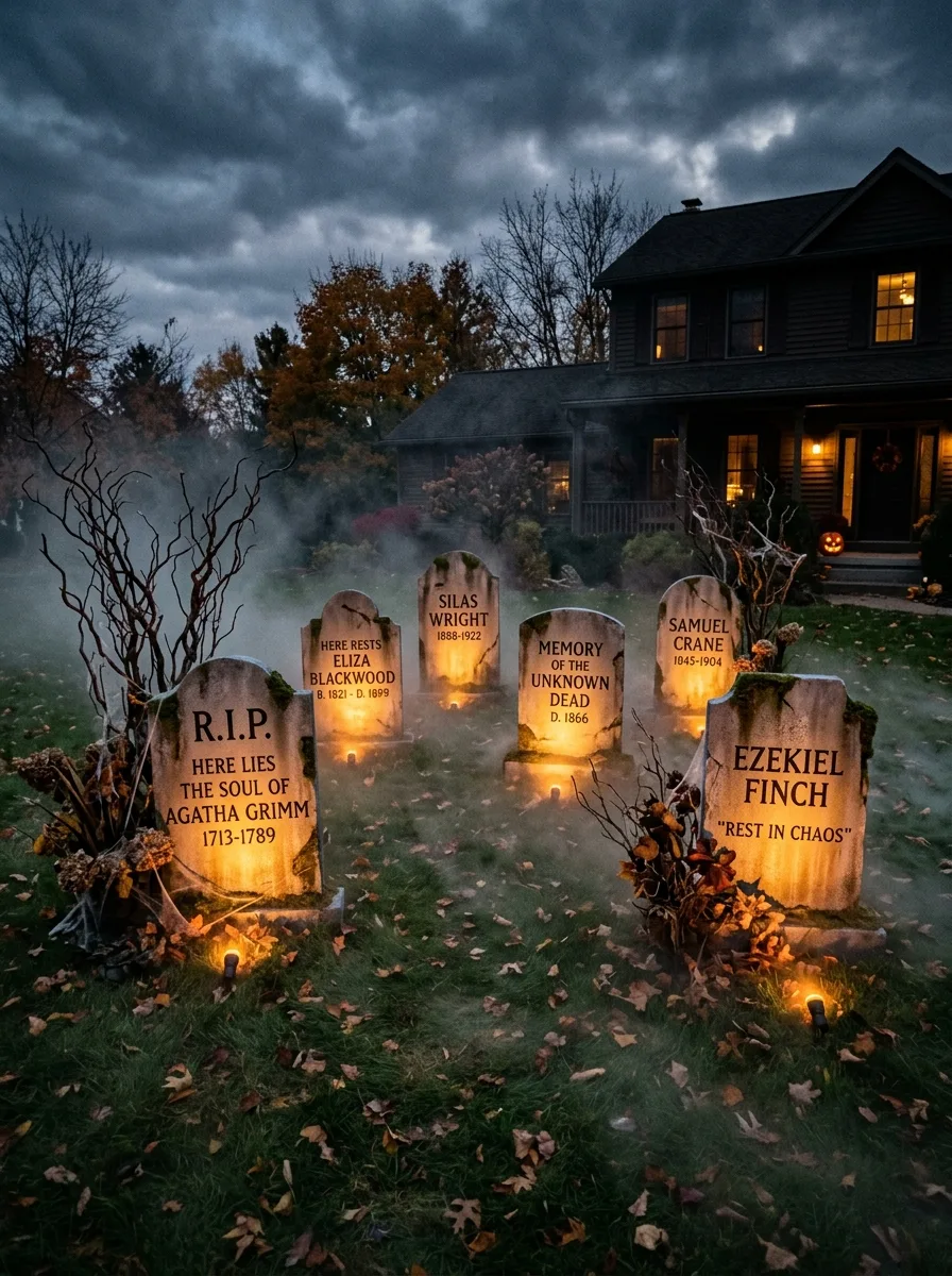 Front lawn decorated as a graveyard with illuminated tombstones, fog effects, bare branches, and autumn leaves.