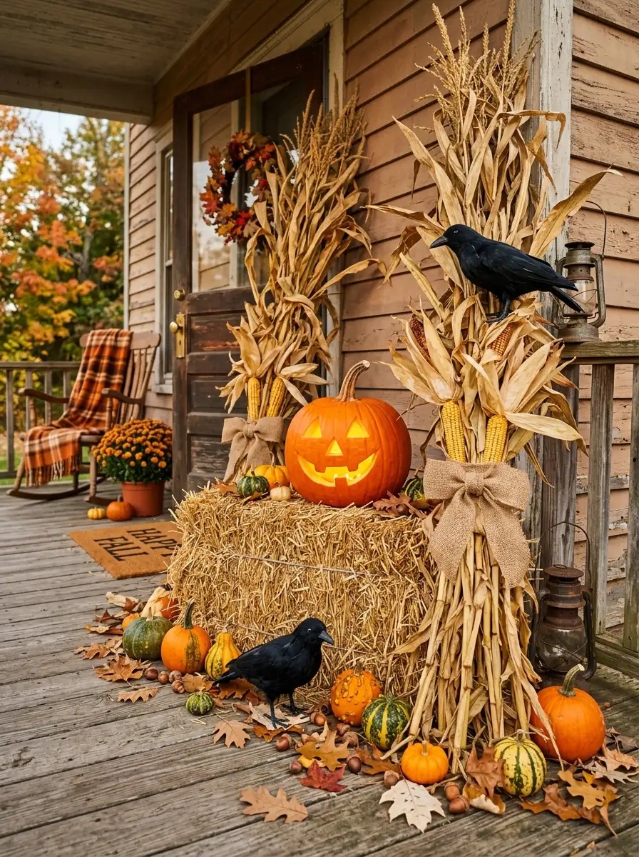 Front porch vignette featuring hay bales, pumpkins, corn stalks, crow accents, and rustic harvest decorations.