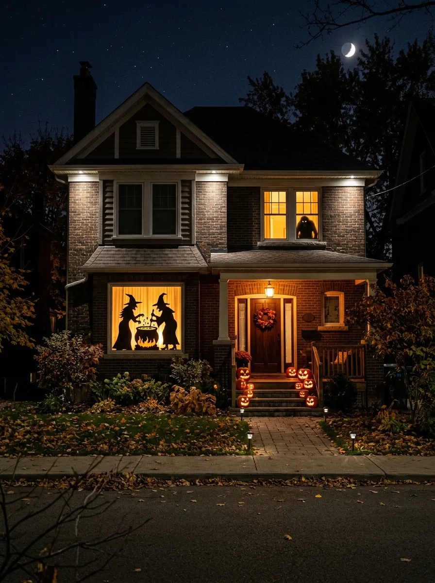 Brick house exterior featuring illuminated witch silhouettes in windows, pumpkins, and evening porch lighting.
