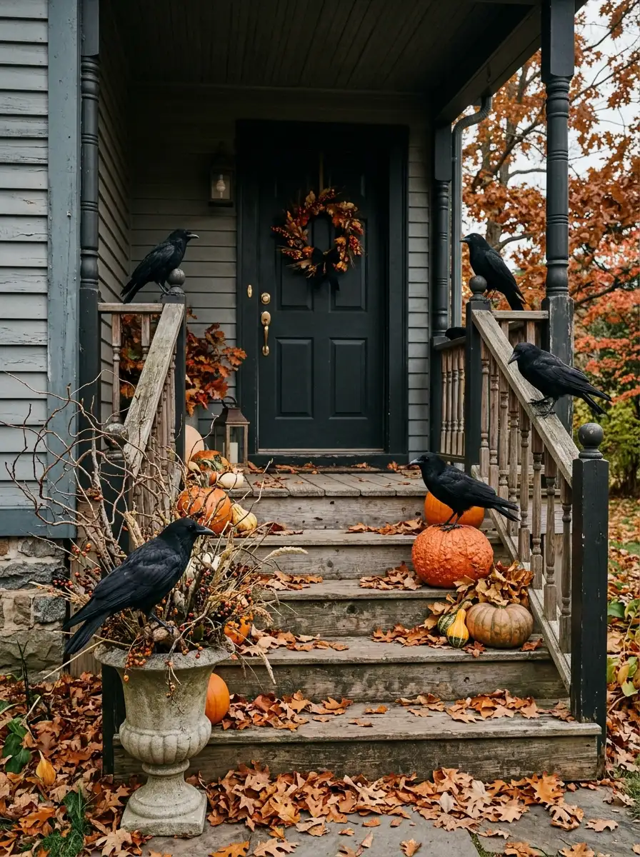 Front porch staircase styled with black crow decorations, pumpkins, dried branches, and autumn leaves around entryway.