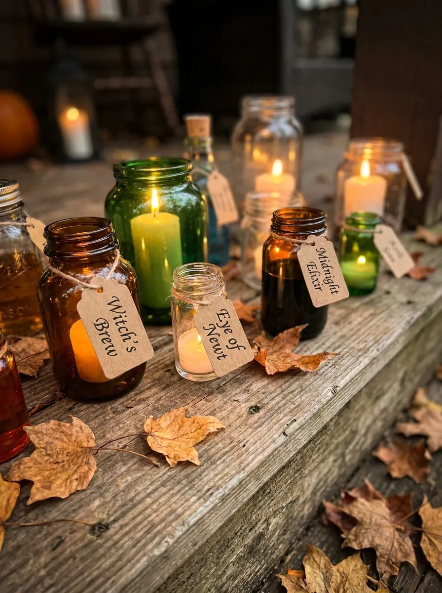Rustic wooden porch table styled with labeled potion jars, candles, glass bottles, and scattered fall leaves.