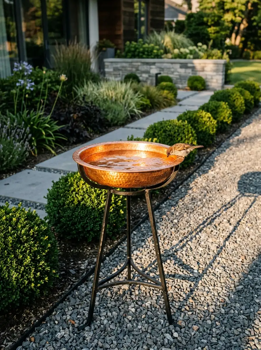 Hammered copper bird bath basin on wrought-iron stand surrounded by boxwood and gravel in a contemporary garden