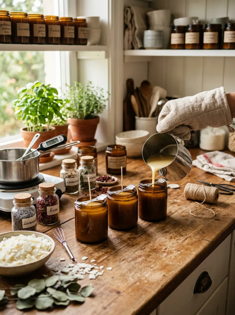 Rustic kitchen workspace with amber jars, melted wax, herbs, and candle-making supplies arranged on a wooden counter.