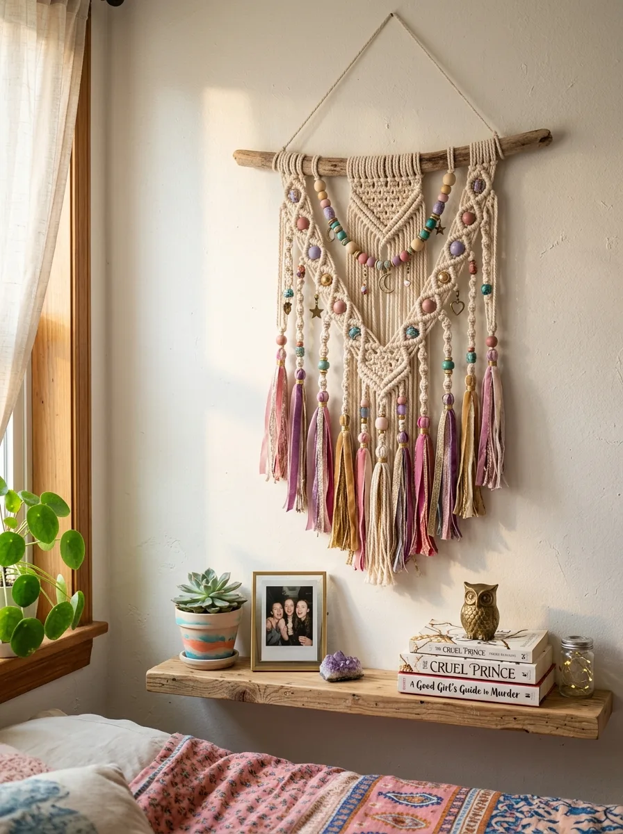 Colorful macrame wall hanging with beads charms and ribbon tassels in pink purple and gold on white teen bedroom wall
