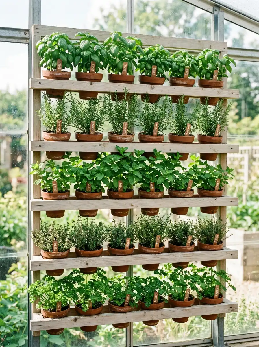 Herb garden wall display inside a greenhouse with terracotta pots of basil, mint, rosemary and thyme mounted on wooden slats