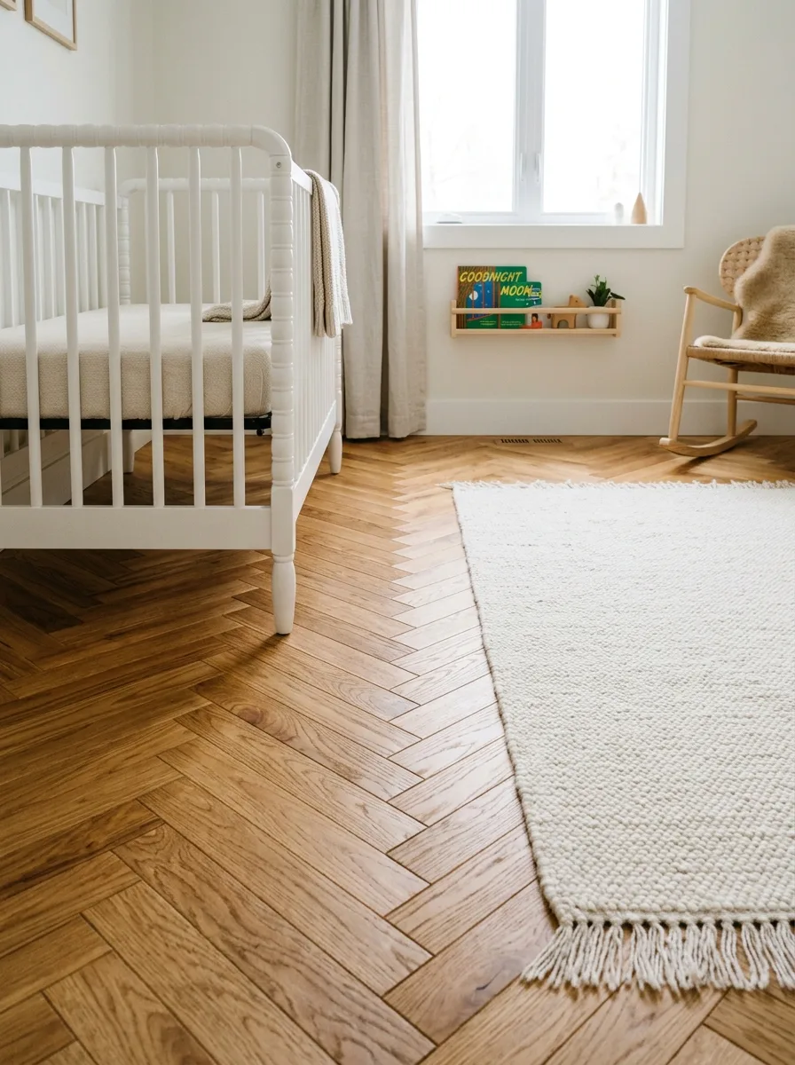 14 French-Inspired Nursery Ideas That Never Feel Outdated 13 Warm honey herringbone hardwood floor and cream wool rug in a soft French-inspired nursery room