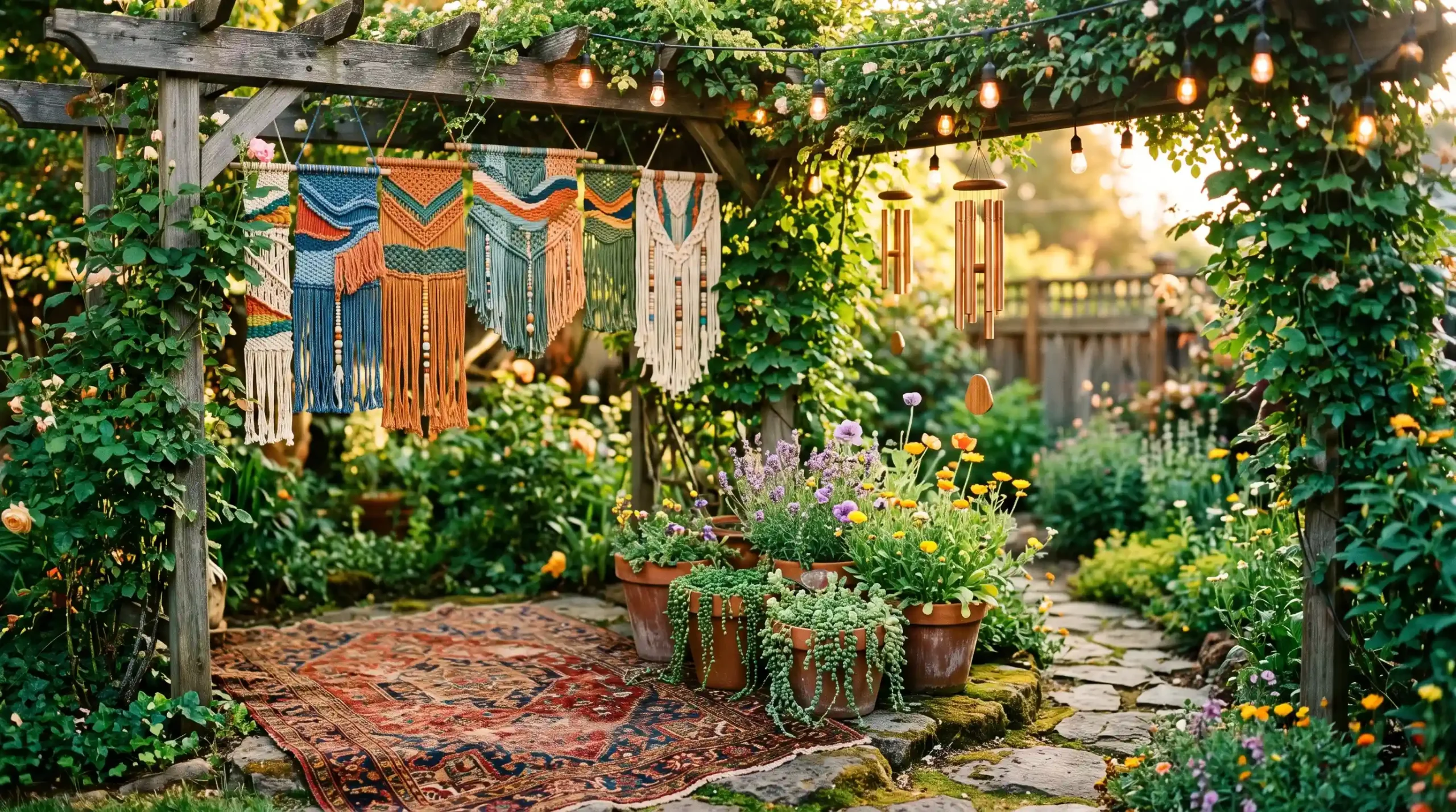 Colorful boho backyard with macrame, terracotta pots, and string lights showcasing stunning hippie garden ideas