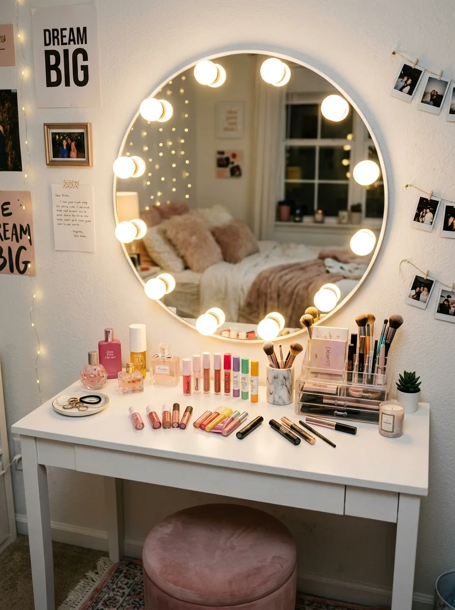 Large round Hollywood vanity mirror with warm bulb lights on a white teen bedroom dresser with pink perfume and makeup