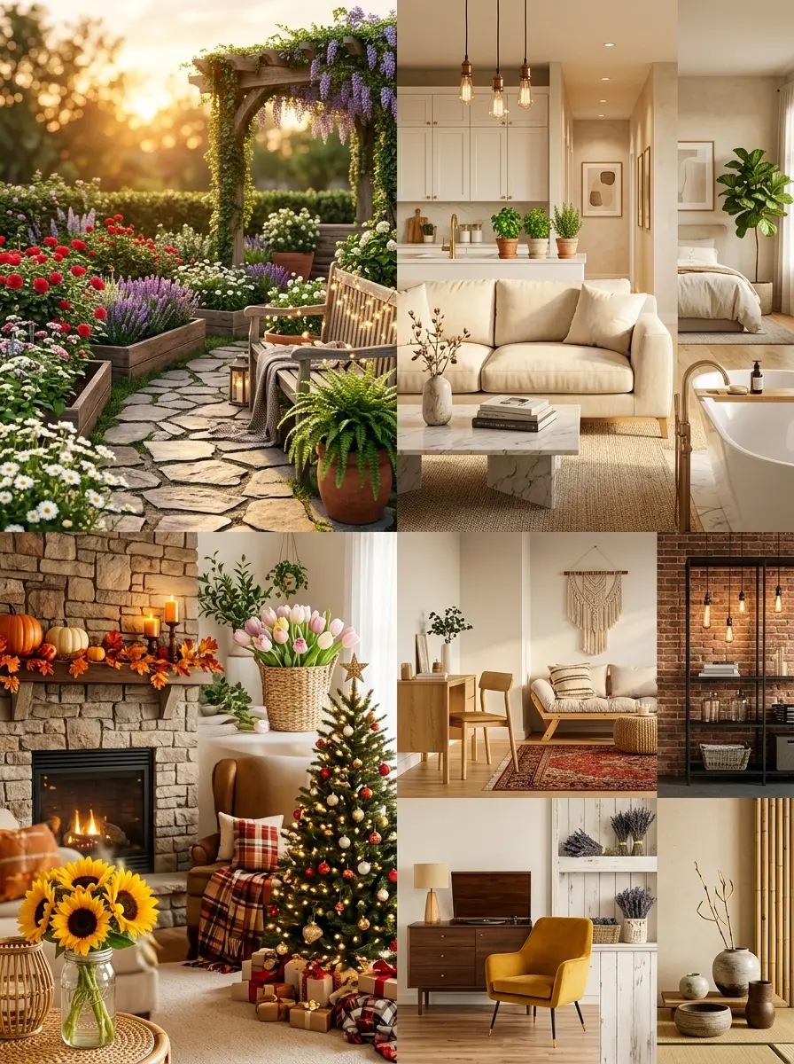 Home Page 1 Home décor ideas Collage featuring a flower-filled garden, neutral living room, seasonal fireplace décor, Boho seating area and modern accent chair.