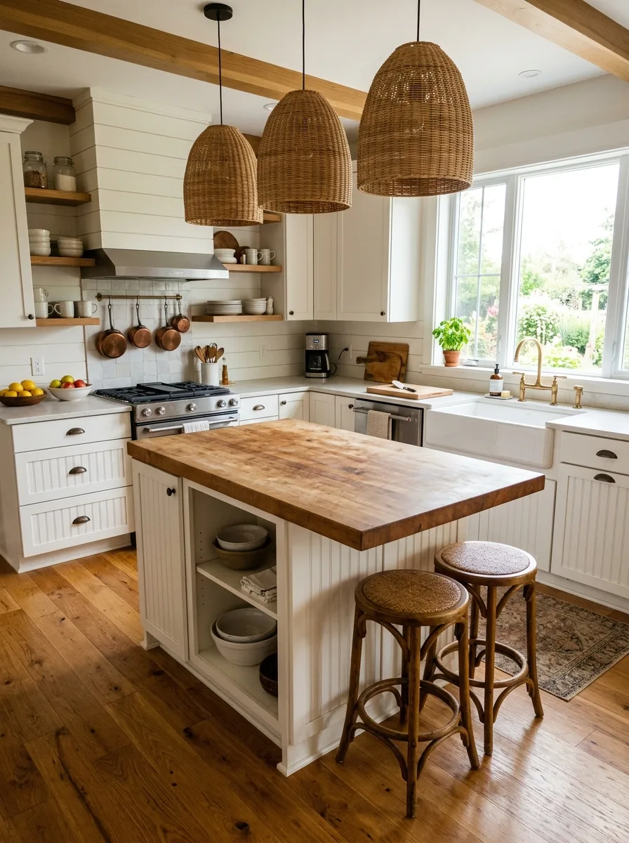 Honey oak hardwood floor with white beadboard lower cabinets and butcher block island