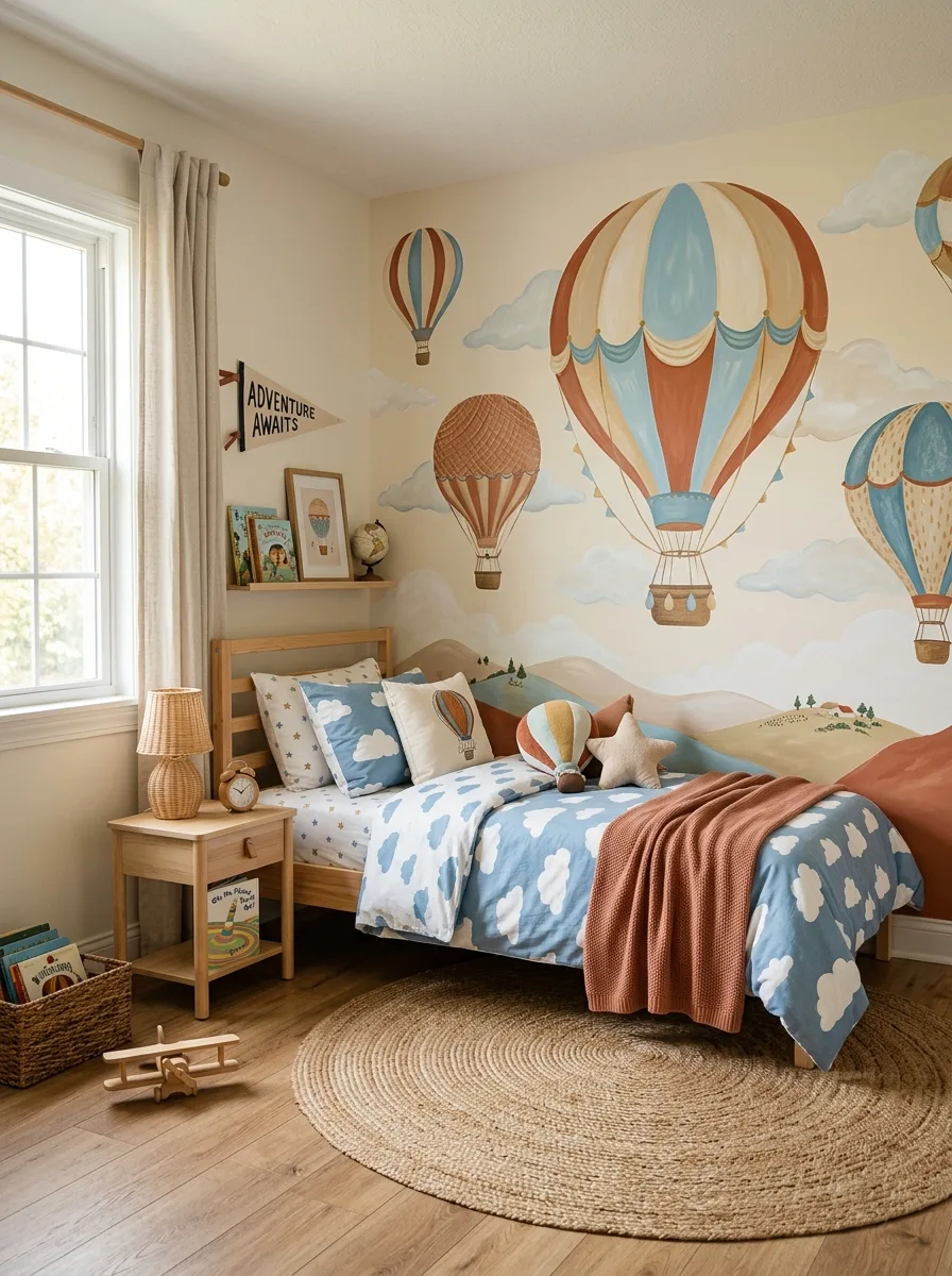 Hand-painted hot air balloon wall mural in terracotta and blue in a bright creative kids bedroom