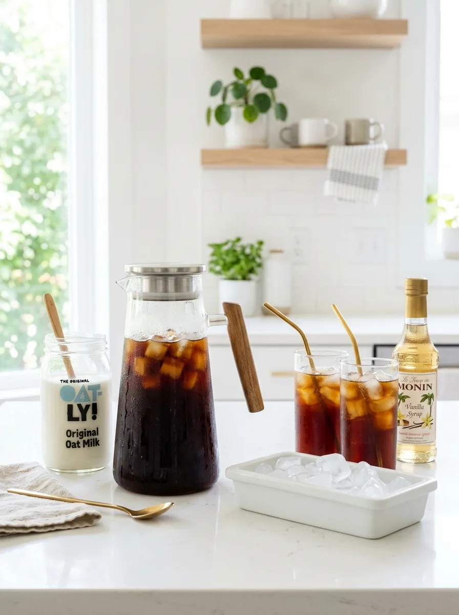 Iced coffee home station with cold brew pitcher, oat milk, gold straws, and vanilla syrup on white counter — summer coffee station ideas.