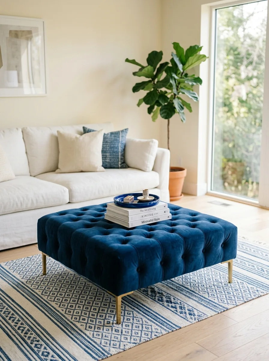 Tufted indigo velvet ottoman on geometric rug in blue and white living room with white sofa behind